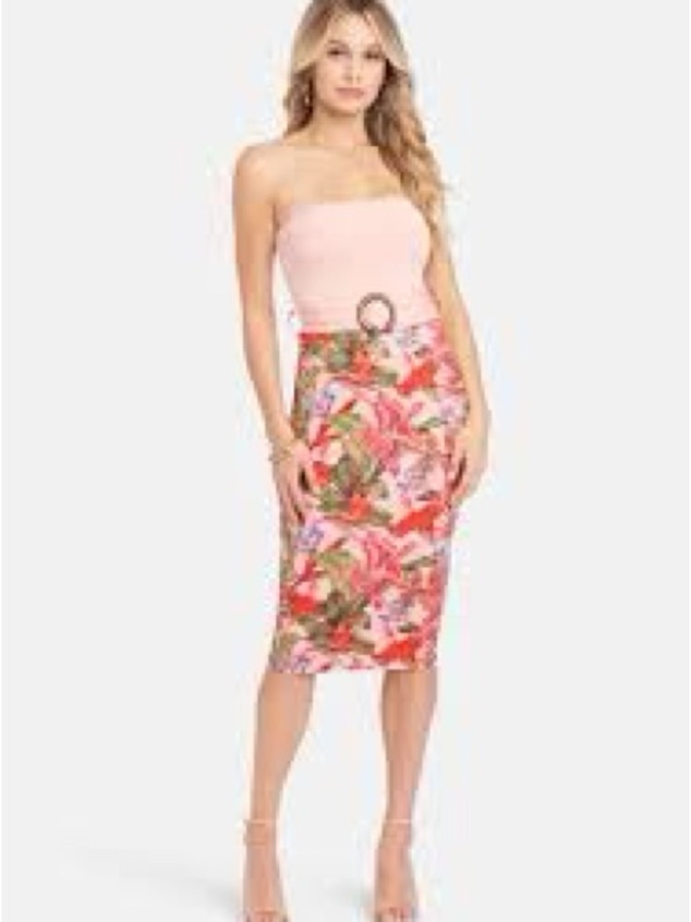 bebe Pink Coral Floral strapless dress with Multicolor Print